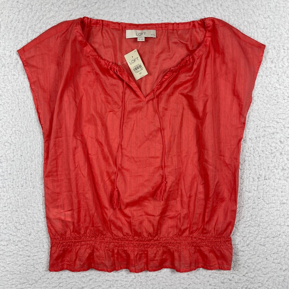 LOFT Blouse Womens SP Coral Red Smocked Waist Tassel Tie Boho Peplum Top Casual